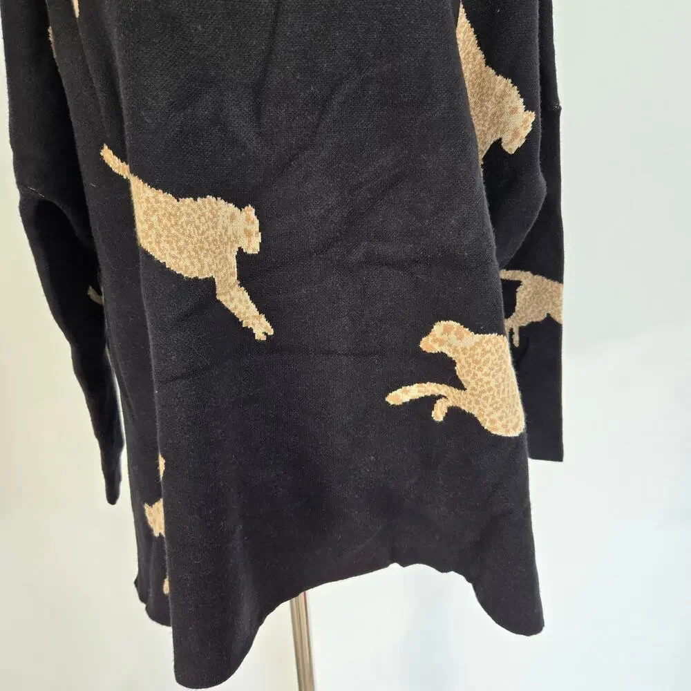 Entro Oversized Cheetah Sweater Black Mock Neck Novelty Animals Women Small